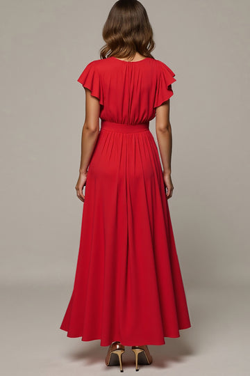 Red A Line V Neck Ruffled Work Dress